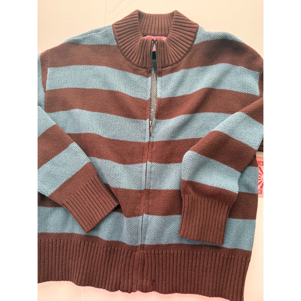 Zip Up Cardigan Women S Brown Blue NWT Striped Star Studded Sweater Y2K Preppy